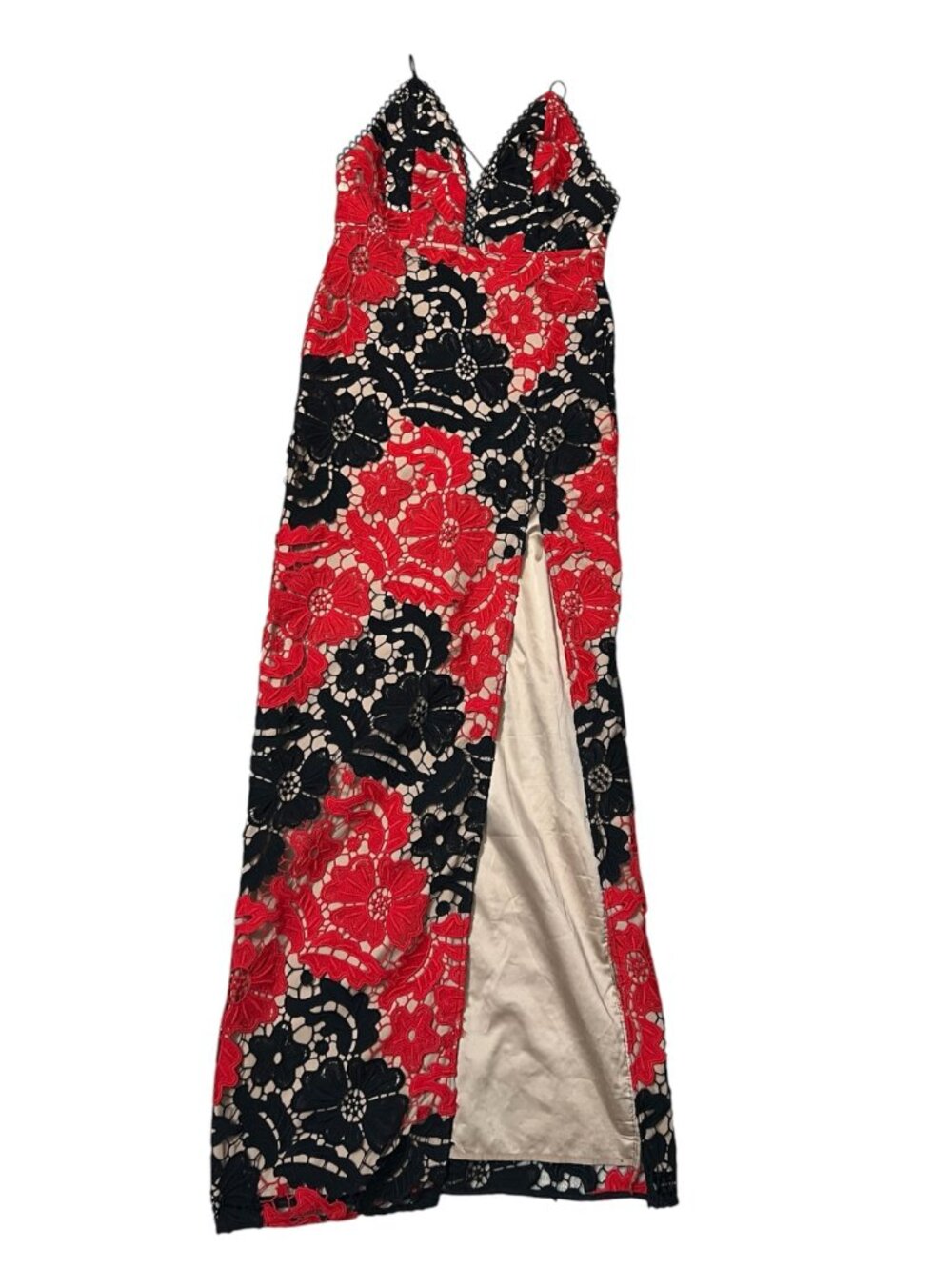Michael Costello x Revolve Red Black Lace Maxi Dress Slit Slip XS - Picture 2 of 10